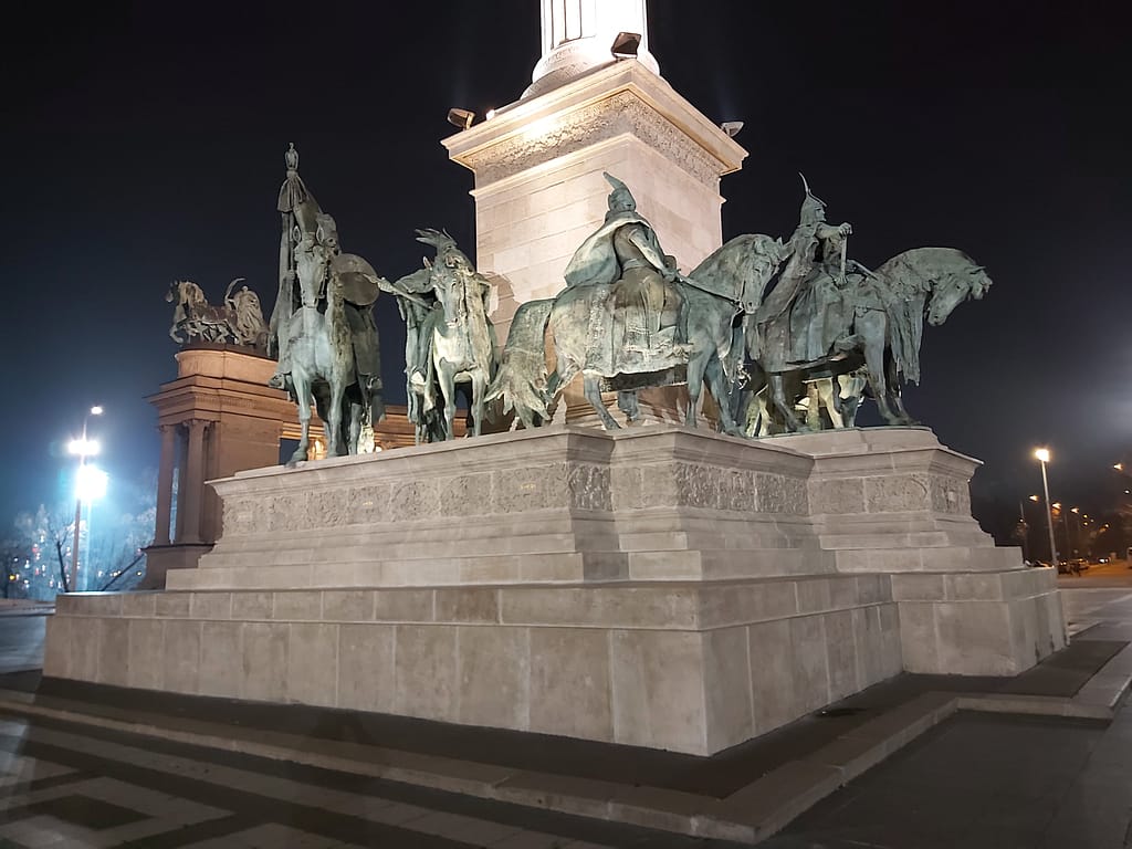 Fearsome Hungarian warriors that arrived in the Carpathian Basin are depicted on Heroes Square
