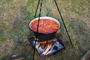 The beginnings of Hungarian goulash: a cast-iron cauldron over an open fire called “bogracs.”
