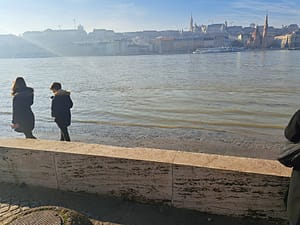 The Shoes on the Danube memorial completely covered with water